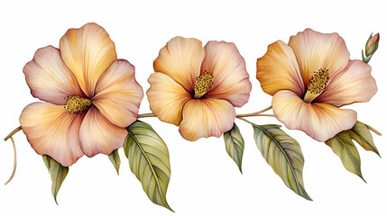 Peach hibiscus floral branch, design element, white background