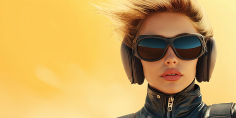 Woman in leather jacket with sunglasses and headphones on yellow background. Music lifestyle content