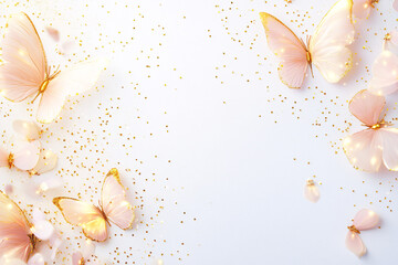 golden glitter pink butterfly background for wedding or birthday invitation card design