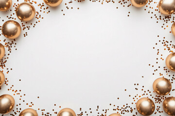 gold christmas ornaments and confetti on white background - festive holiday decoration border frame design
