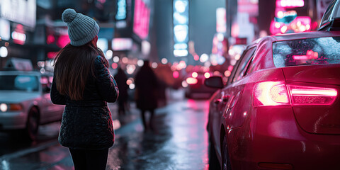 Obraz premium Woman in winter beanie and coat on rainy night street. Urban lifestyle content