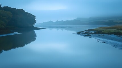 Fototapeta premium Serene blue river landscape with misty hills and lush trees creating a peaceful atmosphere