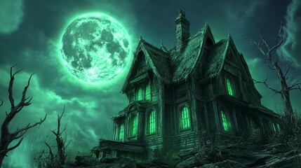 Fototapeta premium Spooky pixelated haunted house under a glowing green moon, dark trees, and cloudy night sky, eerie atmosphere, stylized digital art