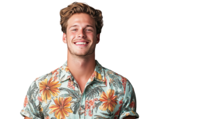 Portrait of smiling young man wearing hawaiian shirt on transparent background