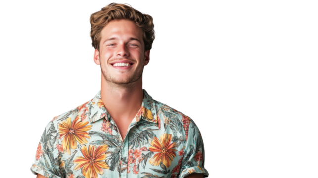 Portrait of smiling young man wearing hawaiian shirt on transparent background
