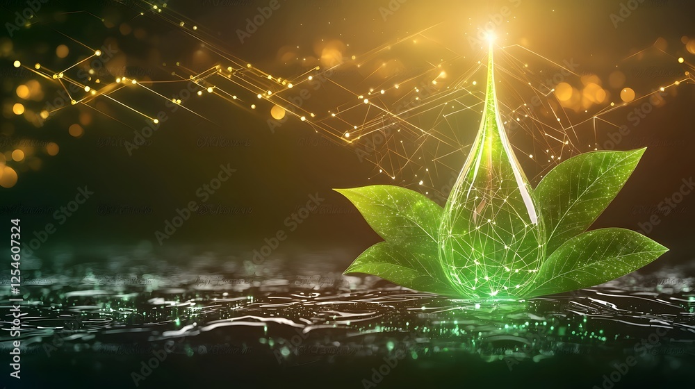 Poster a futuristic biofuel energy concept featuring a glowing green droplet with a sleek modern leaf integ