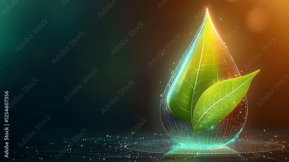 Aufkleber futuristic biofuel energy concept featuring a glowing green droplet with a sleek modern leaf integra