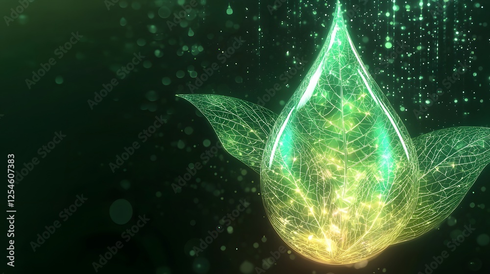 Poster a futuristic biofuel energy concept featuring a glowing green droplet with a sleek modern leaf integ