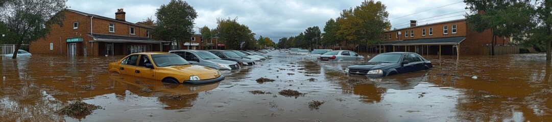 Severe flooding on a street with submerged cars after heavy rain. Generative AI