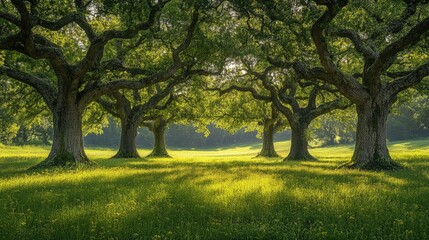 Lush green trees standing tall in a serene meadow, sunlight filtering through leaves, peaceful nature scene
