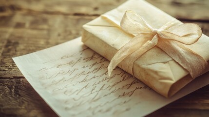 Vintage Letter with Ribbon Tied Gift and Paper on Rustic Wooden Table