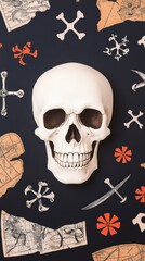 A detailed arrangement of a human skull surrounded by pirate-themed maps and symbols