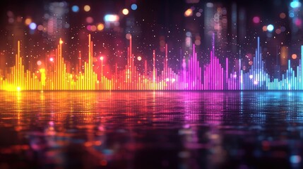 Vibrant soundwave visualization reflecting colorful lights on a wet surface at night