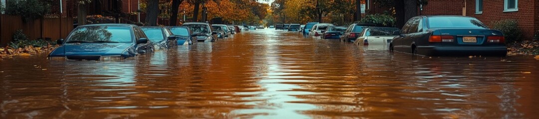 Flooded street with submerged vehicles and autumn leaves. Generative AI