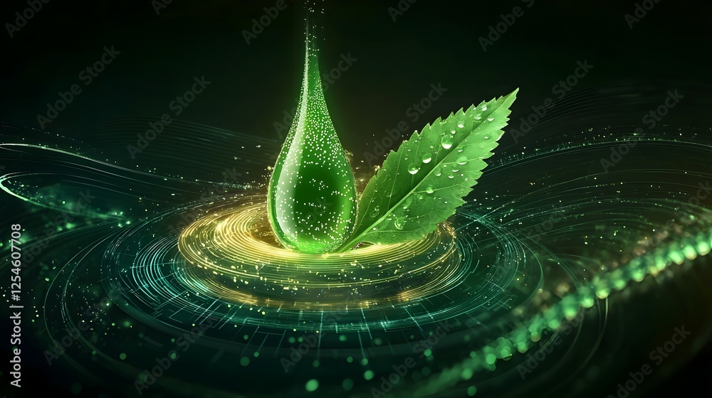 Aufkleber visualization of biofuel energy featuring a vibrant green drop with a fresh dewdrop covered leaf att