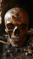 A weathered skull with crossbones surrounded by ancient relics in a dimly lit cave setting