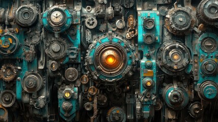 Fototapeta premium Complex machinery design, intricate gears and panels, vibrant teal and muted tones, golden highlights, detailed mechanical elements, futuristic