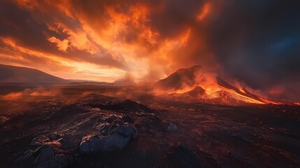 Dramatic volcanic eruption with flowing lava under a fiery sky in a desolate landscape