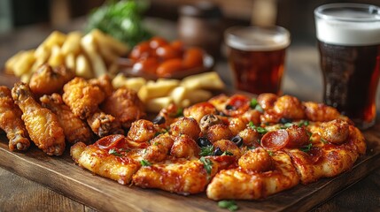 Delicious spread of pizza, chicken wings, and fries with drinks on a rustic wooden table