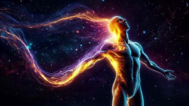 A glowing figure meditates in space, surrounded by a cosmic aura of light. Stars and nebulae fill the background, creating a surreal, otherworldly atmosphere.