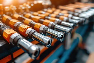 Naklejka premium Array of Shiny Chrome and Orange Wrenches Arranged in a Row on a Blue Surface in Soft Focus