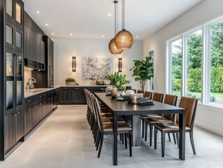 Modern dining room with long table, kitchen view, large windows, garden background