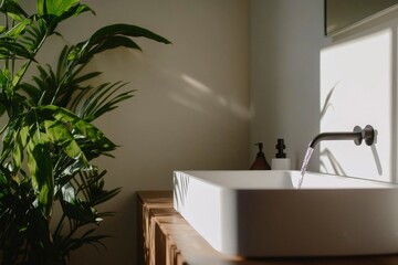 Fototapeta premium Modern wash basin in bright bathroom with plant near counter for home design use