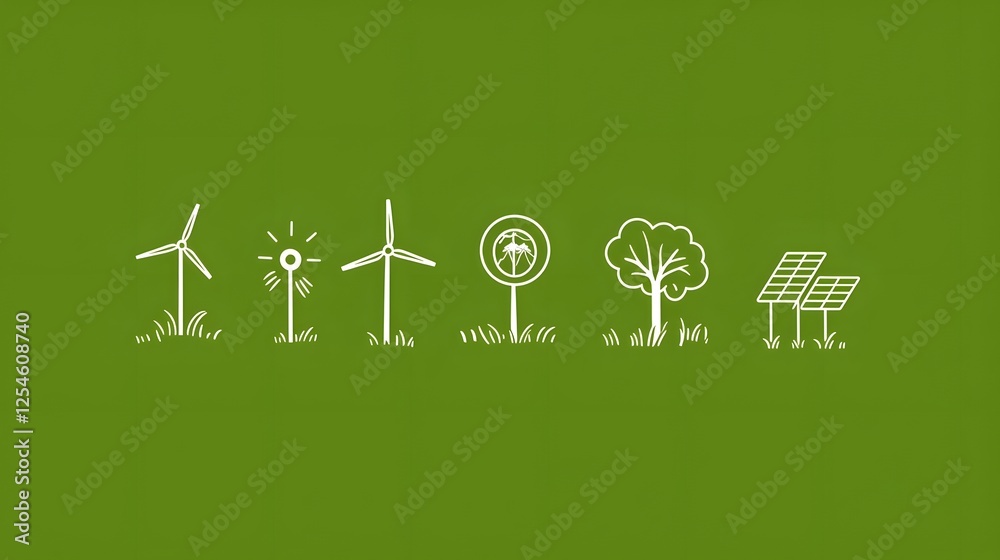 Poster minimalistic featuring a set of 15 outline icons representing various renewable green energy sources