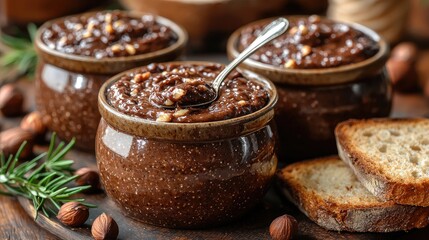 Three jars of rich chocolate spread with nuts beside slices of bread on a rustic wooden table