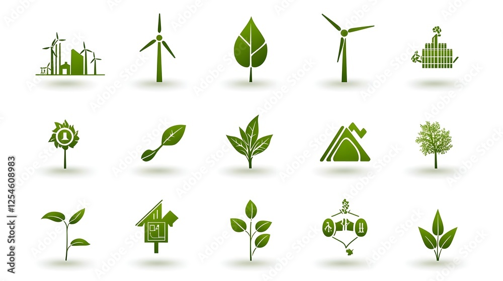Poster Minimalist line art featuring 15 cohesive icons representing various forms of green energy and sustainable design concepts including wind turbines solar panels energy efficient buildings leaf power