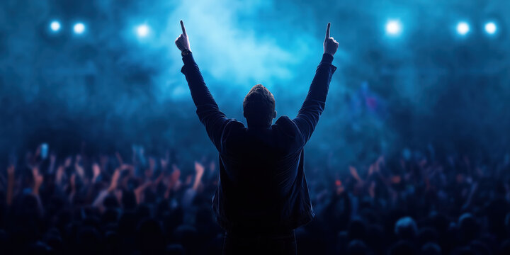 Singer with raised hands performing on stage with crowd. Concert and music events advertising