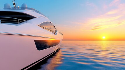 Fototapeta premium Luxurious white yacht at sunrise over tranquil ocean, digital art style, detailed design, calm and peaceful atmosphere, warm colors