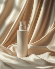 Minimalist skincare bottle on elegant fabric.