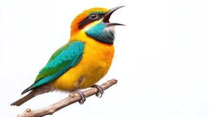 Fototapeta premium A vibrant bird with a yellow belly and green wings sits on a branch, singing loudly against a bright, plain background.