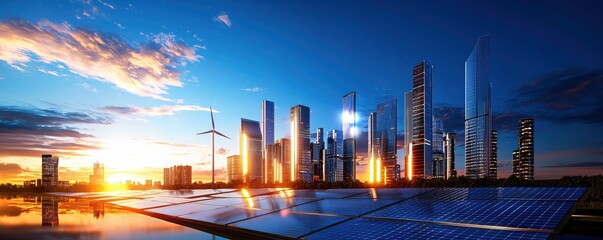 Sustainable Cityscape at Sunset with Solar Panels and Wind Turbine for Clean Energy Future
