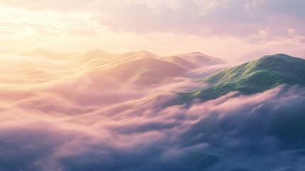 Obraz premium Misty Mountain Landscape with Dreamy Hues and Soft Light Creating a Peaceful Atmosphere