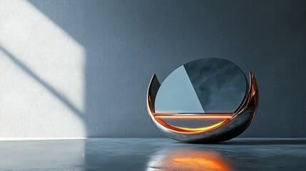 Futuristic Round Mirror with Orange Glow in Minimalist Interior Design and Modern Aesthetic