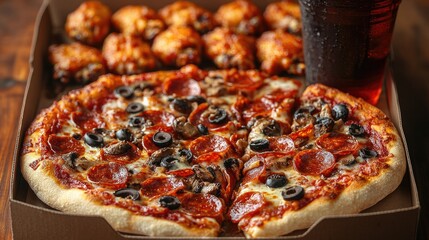 Delicious pepperoni pizza with black olives, crispy chicken wings, and soda in a cozy setting