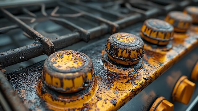 Grease-covered stove knobs in a poorly maintained commercial kitchen