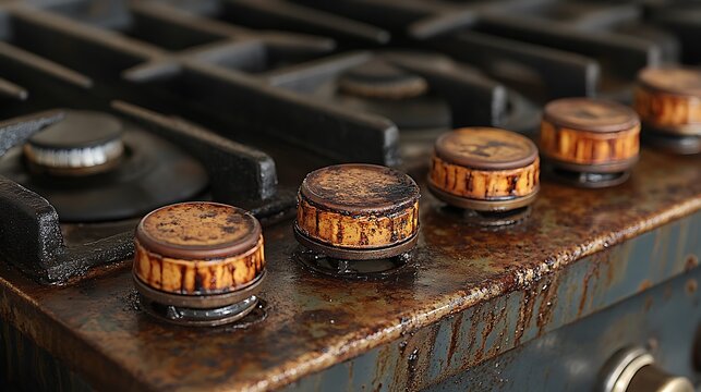 Grease-covered stove knobs in a poorly maintained commercial kitchen