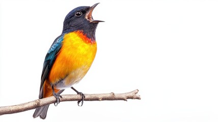 Obraz premium A vibrant bird perched on a branch, singing loudly, showcasing bright colors of blue, orange, and yellow against a plain background.