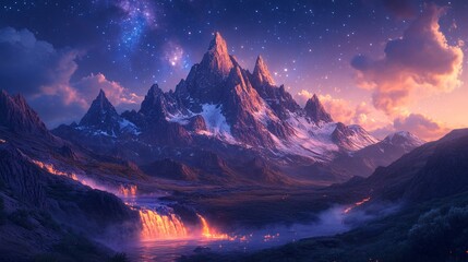 Majestic Mountains Under Starry Night Sky With Lava Falls