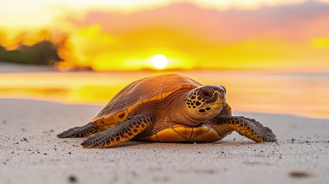 A sea turtle gracefully crawling on the sandy beach at sunset, with a vibrant sky and calm ocean waves