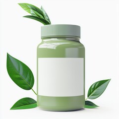 Green Jar with Leaves on Light Background, Ideal for Natural Products, Herbal Remedies, or Wellness Branding