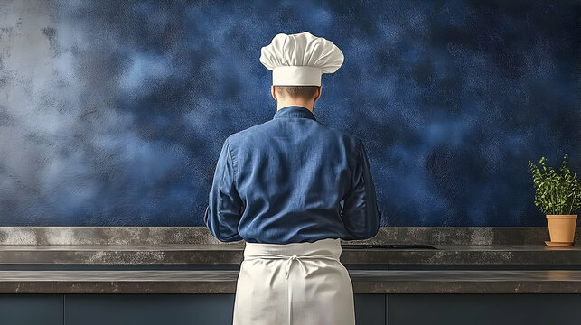 Chef standing kitchen, back view, blue wall, cooking