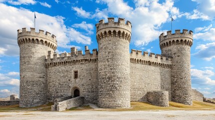 Massive stone castle with three round towers, light gray stone, against a vibrant blue sky with scattered white clouds, historical landmark, outdoor