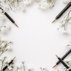 white flowers and black pens on white background minimalist flatlay stock photo