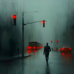 Rainy City Street Digital Painting