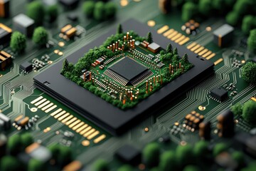 Obraz premium Sustainable microchip embedded in a futuristic digital cityscape showcasing eco friendly technology innovation and green engineering for a sustainable future The image depicts a minimalist