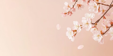 Fototapeta premium A delicate branch of cherry blossoms against a soft pink background, evoking spring and natural beauty.
